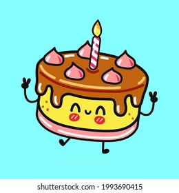 Cute funny cake character. Vector hand drawn cartoon kawaii character illustration icon. Isolated on blue background. Сake character concept