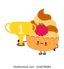 Cute funny cake hold gold trophy cup.Vector hand drawn cartoon kawaii character illustration icon.Isolated on white background. Cake with winner trophy cup,emoji,child,face,adorable,kids concept