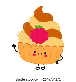 Cute funny cake waving hand character.Vector hand drawn cartoon kawaii character illustration icon. Isolated on white background. cake character emoji,child,face,adorable,kids,cartoon,doodle,cute