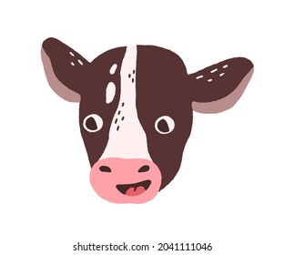 Cara de ternera graciosa. Retrato de cabeza de animal doméstico de granja de leche en forma de doodle. Rompecabezas de vaca bebé con ojos sorprendidos. Hocico alegre y adorable. Ilustración vectorial plana aislada en fondo blanco