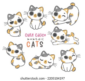 lindo gracioso calico bobtail kitten gato dibujos animados doodle mano animal vector