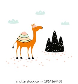 cute funny camel print on white background, african cartoon animal character for any design, flat colorful vector illustration