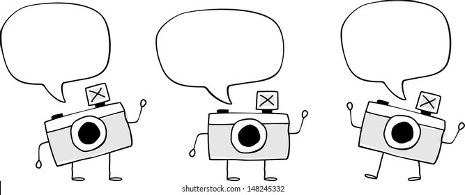 cute funny camera with legs and arms hand drawn isolated on white background, blank text balloon