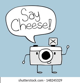 Cute Funny Camera With Say Cheese Text Balloon, Legs And Arms Hand Drawn On Solid Color Background Easy To Isolate