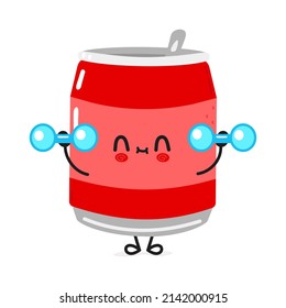 Cute funny can of soda character dumbbells. Vector hand drawn cartoon kawaii character illustration icon. Isolated white background. Can of soda character gym,emoji,child,face,adorable,kids,cartoon