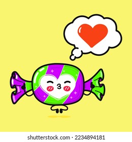 Cute funny Candy doing yoga with speech bubble. Vector hand drawn cartoon kawaii character illustration icon. Isolated on yellow background. Candy in love character concept