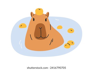 Cute funny capybara bathing in water with apples. Amusing capibara swimming, relaxing in nature. Happy capy animal, lazy rodent resting, enjoying. Flat vector illustration isolated on white background