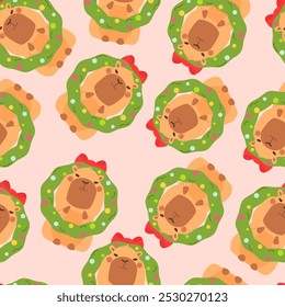 Cute funny capybara with Christmas wreath pattern. Isolated animal character capybara rodent. Postcard, poster, sticker for New Year. Holiday seasonal decoration for design, kids collection