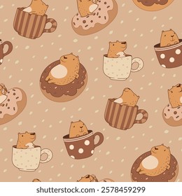 Cute funny capybara in cups on dots background. Cartoon vector animal character capibara sitting in donuts and mug. Capy repeat ornament