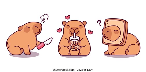 Cute funny capybara mascot in different poses. Cartoon vector rodent animal character capibara sitting with square bread on head, drinking cocktail or tea drink with straw, angry sitting with knife.