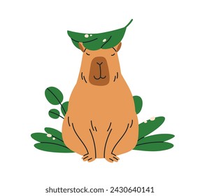 Cute funny capybara in nature. Happy capy in peace, zen. Adorable calm peaceful capibara animal chilling, relaxing, covered with leaf. Flat graphic vector illustration isolated on white background