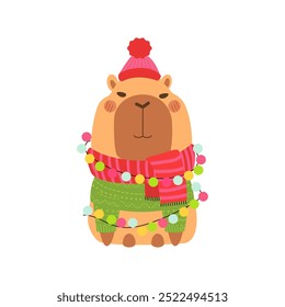 Cute funny capybara with New Years garland in sweater. Isolated animal character capybara rodent. Postcard, poster, sticker for Christmas. Holiday seasonal decoration for design, kids collection