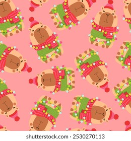 Cute funny capybara pattern with New Years garland in sweater. Isolated animal character capybara rodent. Postcard poster sticker for Christmas Holiday seasonal decoration for design, kids collection