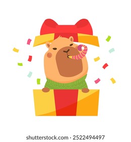 Cute funny capybara peeks out of a christmas gift box. Isolated animal character capybara rodent. Postcard, poster, sticker for New Year Holiday seasonal decoration for design, kids collection