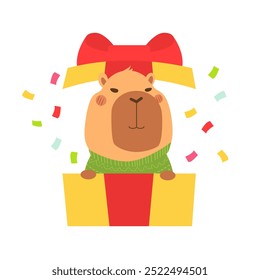 Cute funny capybara peeks out of a christmas gift box. Isolated animal character capybara rodent. Postcard, poster, sticker for New Year Holiday seasonal decoration for design, kids collection