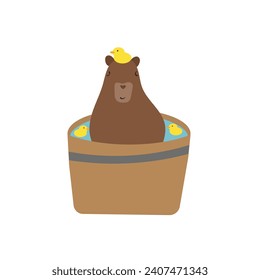 Cute, funny capybara sitting with duck in a spa bucket, bathtub. Vector illustration, isolated on white background. 