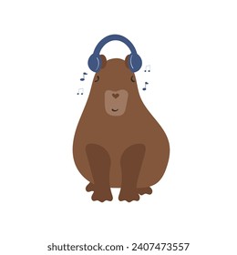 Cute, funny capybara sitting and listening music. Vector illustration, isolated on white background.