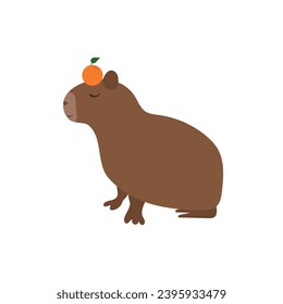 Cute, funny capybara sitting with orange, tangerine. Vector illustration, isolated on white background.