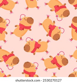 Cute funny capybara skating in Christmas sweater pattern. Isolated animal character capybara rodent. Postcard, poster, sticker for New Year. Holiday seasonal decoration for design, kids collection