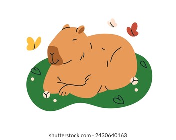 Cute funny capybara sleeping in nature. Happy capy asleep. Sweet lazy capibara animal relaxing, resting in peace, chilling, lying on grass. Flat vector illustration isolated on white background