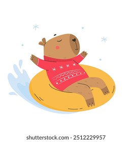 Cute funny capybara snow tubing outdoors in winter