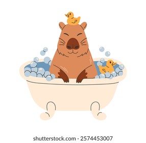 Cute funny capybara swimming with rubber duck in bath. Happy capy bathing, resting, relaxing in water. Flat illustration isolated on white background.