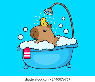 Cute funny capybara takes a bath. Vector illustration in cartoon style.