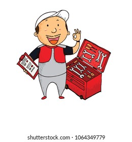 Cute and funny car engineer ready to service your car - vector.