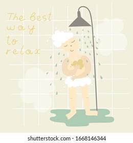 Cute lustige Karte mit einem Mann mit Dusche - mit Text - Die beste Art zu entspannen - auf dem karierten Hintergrund mit Dampfwolken . Cartoon Vektorillustration Illustration für Poster oder T-Shirt. 