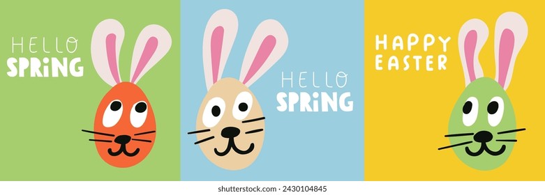 Lindo y divertido diseño de tarjetas. Temporada de primavera. Feliz Pascua. Ilustraciones de vector plano en diferentes fondos. 