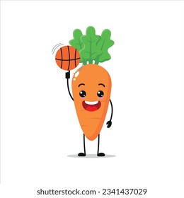 El básquetbol es un juego de zanahoria muy divertido. Verduras haciendo ejercicio físico o deportivo. Caracteres felices trabajando en la ilustración vectorial.