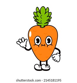 Cute funny carrot waving hand character.Vector hand drawn traditional cartoon vintage,retro, kawaii character illustration icon. Isolated white background. Carrot emoji,child,adorable,kids concept