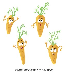 Cute and funny carrots characters with human face showing different emotions, cartoon vector illustration isolated on white background.