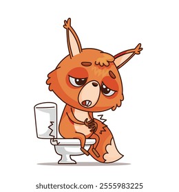 A cute and funny cartoon animal, humorously sitting on a toilet, showcasing a relatable and amusing moment