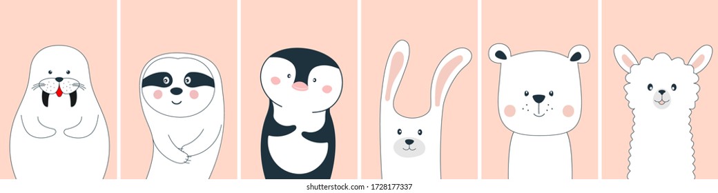 Cute funny cartoon animals characters walrus, sloth, penguin, bear, llama and rabbit.  Graphic element set for kids, greeting card, cover, poster and t-shirt. Vector illustration.