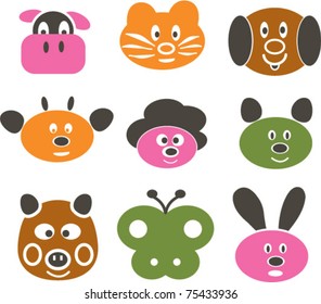 cute funny cartoon animals: cow, dog, cat, rabbit, pig, butterfly, mouse, sheep, vector illustration
