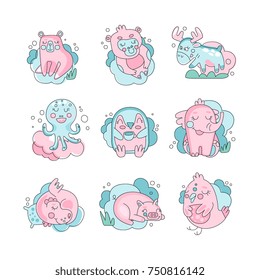 Cute funny cartoon baby animals sleeping set, sweet dreams concept vector Illustration on a white background