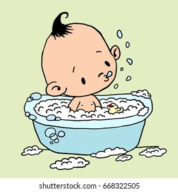 Cute Funny Cartoon Baby Boy Bathing And Blowing Spit Bubbles