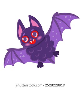 A cute funny cartoon bat is flying and smiling, isolated on a white background. Vector illustration for Halloween