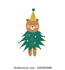 Cute funny cartoon bear dressed in Christmas tree costume vector illustration. Whimsy holly Xmas party animal clipart for kids. Seasonal winter holidays animalistic graphic design