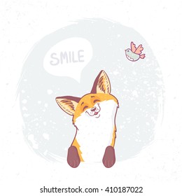 Cute And Funny Cartoon Beautiful Fox With Place For Text In Cloud. Character Happy Fox. Vector Illustration