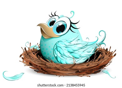Cute funny cartoon bird girl in the nest. Isolated