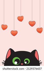 Cute and funny cartoon black cat head with green eyes and red hearts, Valentines day illustration.