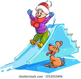 Cute funny cartoon boy rolling on an ice slide. The boy and his merry dog.