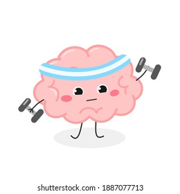 Cute funny cartoon brain training with dumbbells. Vector flat illustration isolated on white background