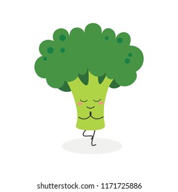 Cute funny cartoon broccoli practicing yoga doing Vrksasana exercise. Vector flat illustration isolated on white background