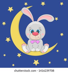Cute funny cartoon bunny is sitting on the moon. Modern kids graphics for t-shirts. Vector illustration.