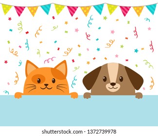 Cute funny cartoon cat and dog together with party hats, garland, confetti. Birthday card with white frame for text vector illustration