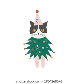 Cute Funny Cartoon Cat Dressed In Christmas Tree Costume Vector Illustration. Whimsy Holly Xmas Party Kitten Clipart For Kids. Seasonal Winter Holidays Animalistic Graphic Design