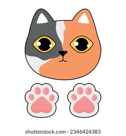 Cute and funny cartoon cat face and paws doodle.